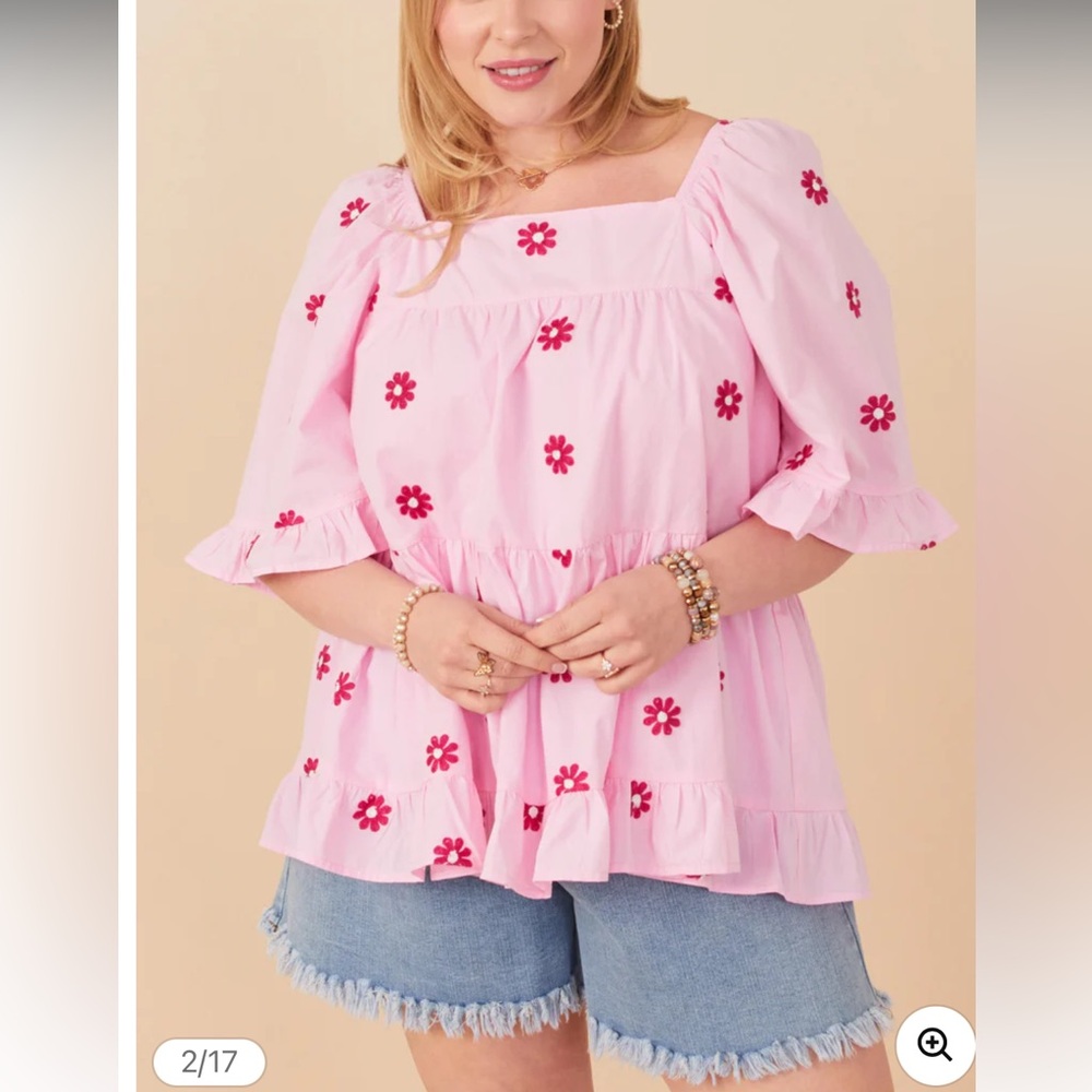 Hayden Pink Peasant Blouse with Red Floral Embroidery